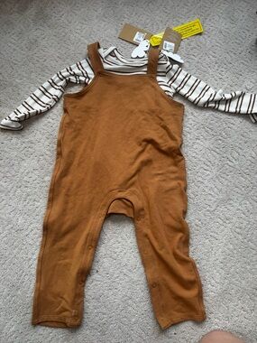 NWT Angel Dear Rust Brown Romper with Cream and Brown Striped Tee - 18-24M